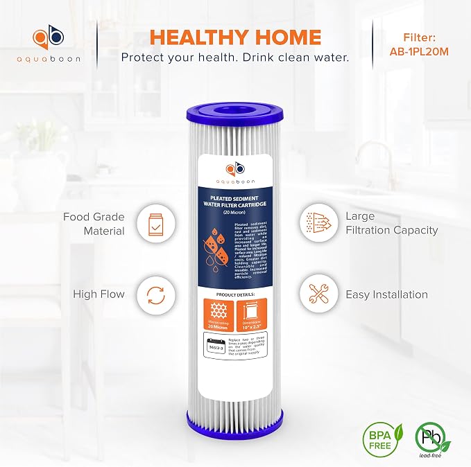 Aquaboon 20 Micron Pleated Sediment Filter Cartridge 10" x 2.5" Whole House - Image 4