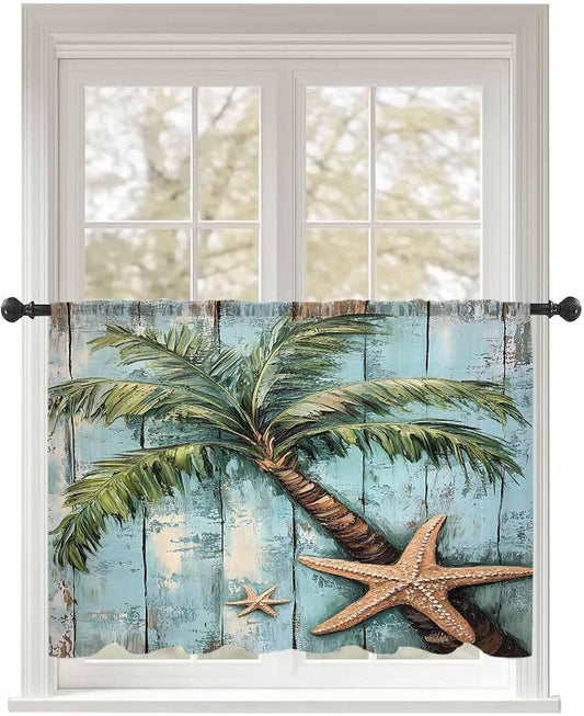 Sheer Curtains 54 Inch Length, Coastal Blue Green Tree Semi Sheer Curtains by Unknown