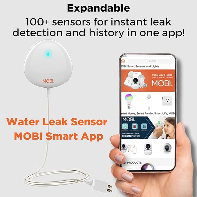 MOBI Connect WiFi Leak Alert Sensor, 24/7 Protection and Smart App Integration, Outlet Compatible, 48-inch Extension Cable (Pack of 2)
