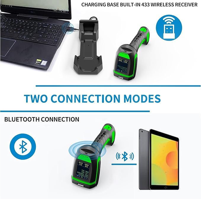 Symcode 2D Screen Barcode Scanner Wireless with Charging Stand,2 in 1 Wireless 433Mhz and Bluetooth 2600mAh 1D 2D Bar Code Scanner with Charging Stand for Store, POS, CPU, iPhone, Android