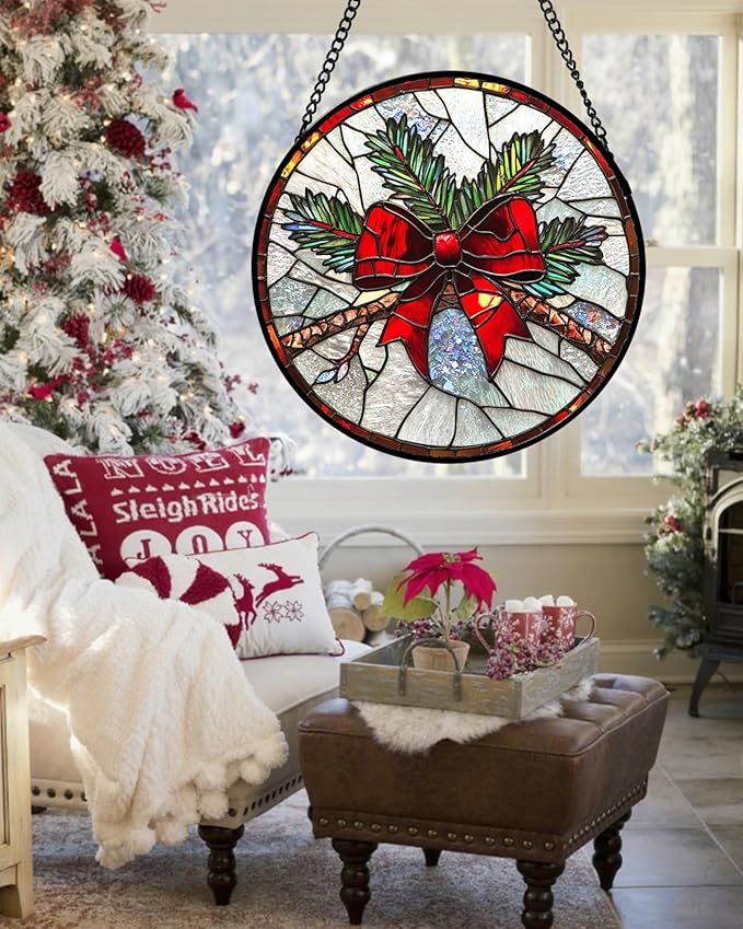 DASTOLL Stained Glass Window Hanging - Pine Branches Red Bow Suncatcher for Doors Home Christmas Decoration Silver Sun Catcher Thanksgiving New Year Birthday Gifts for Women Men Mom Nana 11.8 in