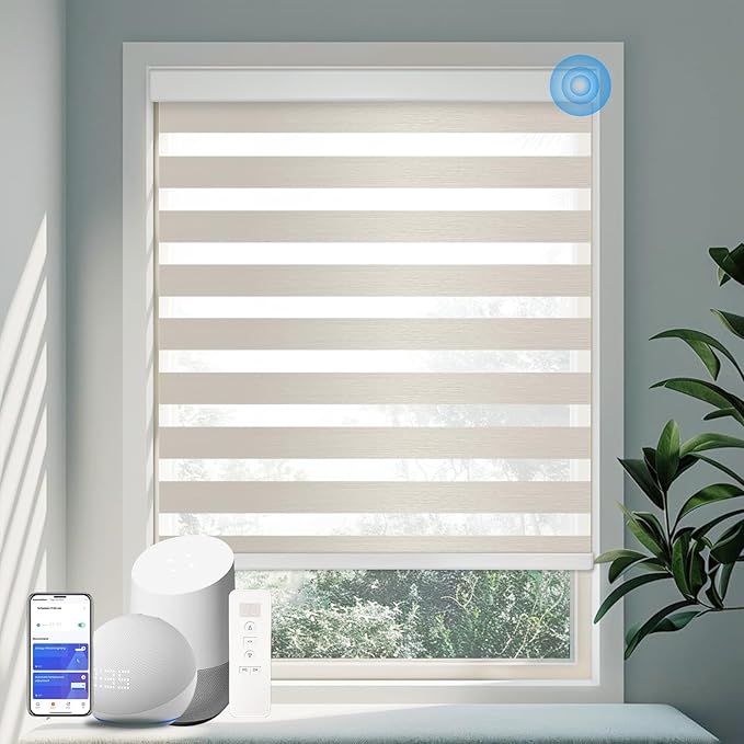 COOLWINDS Motorized Zebra Blinds for Windows Cordless Electric Curtains with Remote Control Blackout Shades Custom Smart Blinds Compatible with Alexa Google Home(Light Filtering Beige,W37 X 72in)