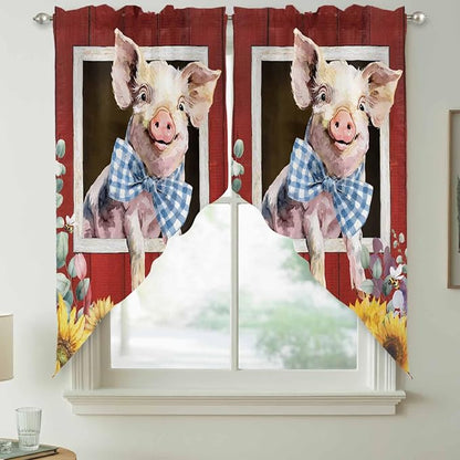 Pig Sunflowers Swag Valances for Windows, Eucalyptus Leaves Floral Bees Red - Image 7