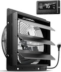 HG Power 12 Inch Attic Fan with Thermostat, 971 CFM Shutter Exhaust Fan with Smart Temperature Humidity Controller, Wall Mounted Greenhouse Fan with EC Motor for Garage, Shed Ventilation, Black