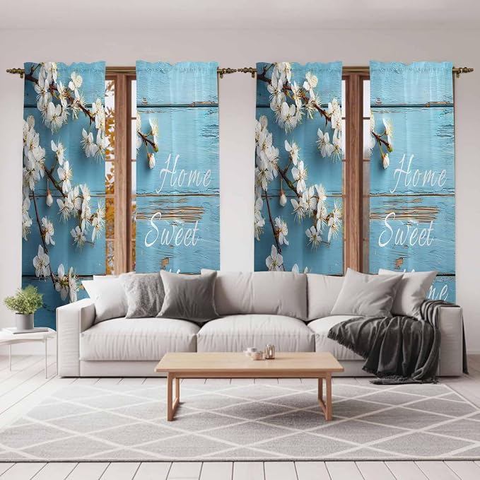 Farmhouse Wooden Grain Kitchen Curtains, Vintage Shabby Chic Flower Blue Light - Image 7