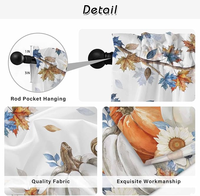 Navy Blue Pumpkin Fall Kitchen Curtains 45 Inch Long 2 Panel Set, Rod Pocket - Image 9