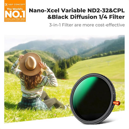 K&F CONCEPT 49mm Black Diffusion Mist Effect 1/4 & Variable ND2-32 & Circular - Image 2