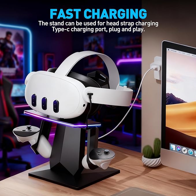 Charging Dock for Meta Quest 3S, Quest 3, 2 or Pro，RGB Charging Vertical Stand，Accessories with Brightness Adjustment and 14 Light Effects Adjustment, Type-C Charging Port