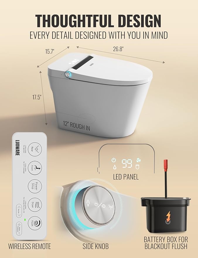 Luoware Smart Toilet with Bidet Built in, Luxury One Piece Elongated Bidet Toilet, Auto Open/Close/Flush, Foot Sensor Operation, Built-in Tank & Booster Pump, Heated Seat, Massage Wash, Night Light
