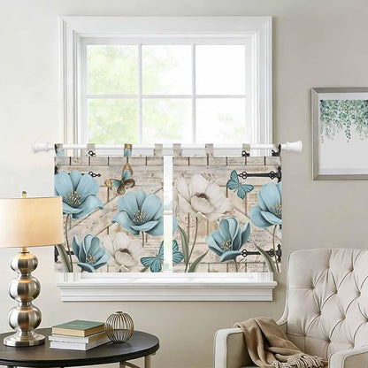 Teal Blue Tulips Kitchen Curtains 24 Inch Length, Small Window Curtains Tab Top - Image 2