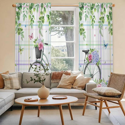 Spring Kitchen Curtains, Bicycles Botanical Leaves Rose Colorful Stripes Light - Image 3