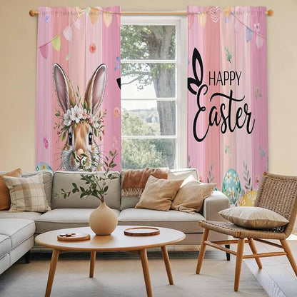 Easter Kitchen Curtains, Spring Rabbit Eggs Flowers Flags Leaves Wood Grain - Image 3