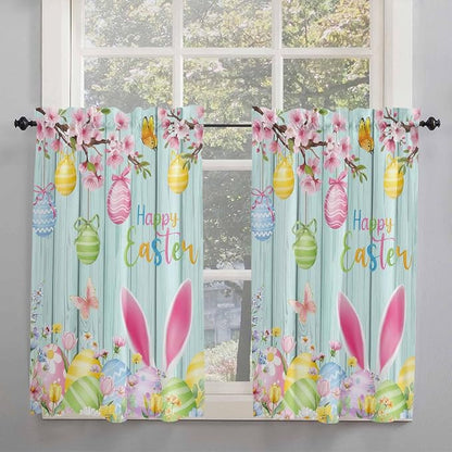 Happy Easter Kitchen Curtains 45 Inches length, Spring Bunny Eggs Flower Teal - Image 2