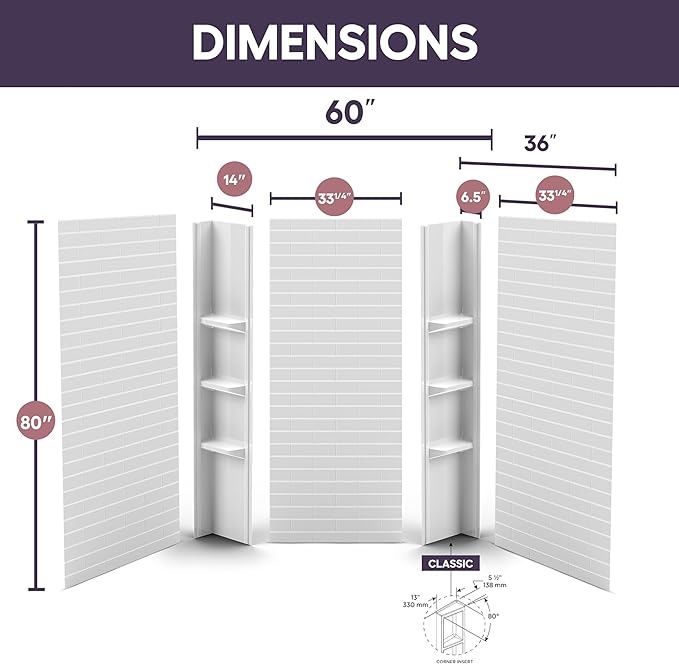 White Acrylic Shower Wall Surround 36"x 60"x 80" - Waterproof, Easy-to-Install, Two Shelf Units Kit Included - Shower Wall Surround Panels - Subway Tiles Pattern, Classic Shelves