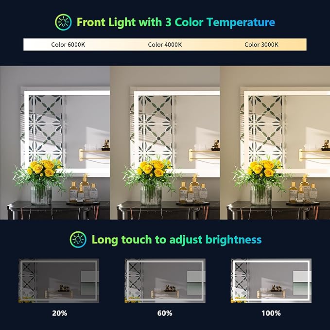 YEELAIT 55x40 Inch RGB LED Bathroom Mirror Front Light and RGB Backlit Lighted Vanity Mirror for Bathroom Wall Mounted Dimmable Anti Fog Memory Shatter-Proof IP54 Waterproof Horizontal/Vertical