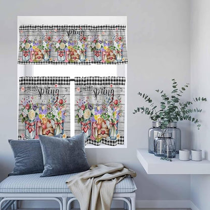 Spring Flowers Kitchen Curtain Set, Farmhouse Black Plaid Wood Grain Window - Image 8