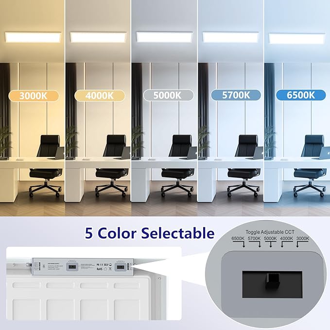 AIKVSXER 1x4 Led Flat Panel Light Surface Mount-4 Pack, 50W 5500Lm Dual Selectable 5CCT 3000K/4000K/5000K/5700K/6500K and Wattage 30-50W 0-10V Dimmable Ceiling Light Fixture for Kitchen/Laundry