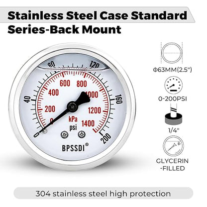 0-200 Psi Glycerin Liquid Filled Low Pressure Gauge, 2.5" Dial Size, 1/4" G - Image 4