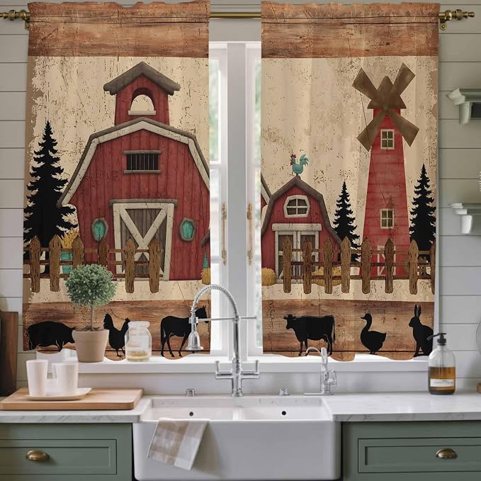 Brown Farmhouse Kitchen Curtains, Vintage Country Animals Wooden Grain Light - Image 2