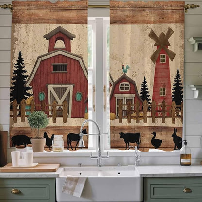 Brown Farmhouse Kitchen Curtains, Vintage Country Animals Wooden Grain Light - Image 2