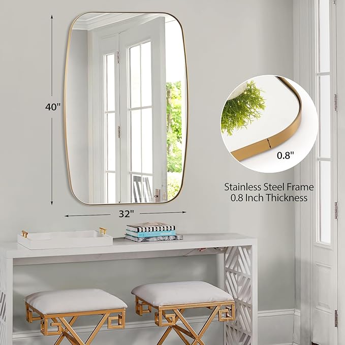 Oval Mirrors for Bathroom, 32"×40" Gold Vanity Mirror with Stainless Steel Metal Frame, Brushed Gold Oblong Bathroom Wall Mounted Modern Mirror for Over Sink