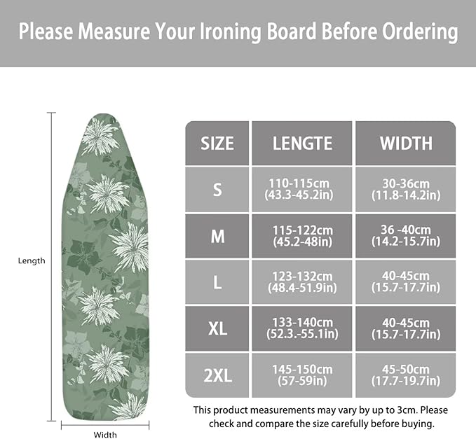 ZCFYGDX Ironing Board Covers Flower Branches Green Print Easy to Install Resistant,Elastic Edge 3 Nylon Buckle Strap Fasteners Breathable & Wear-Resistant,Resist Scorch Staining Protective Cover
