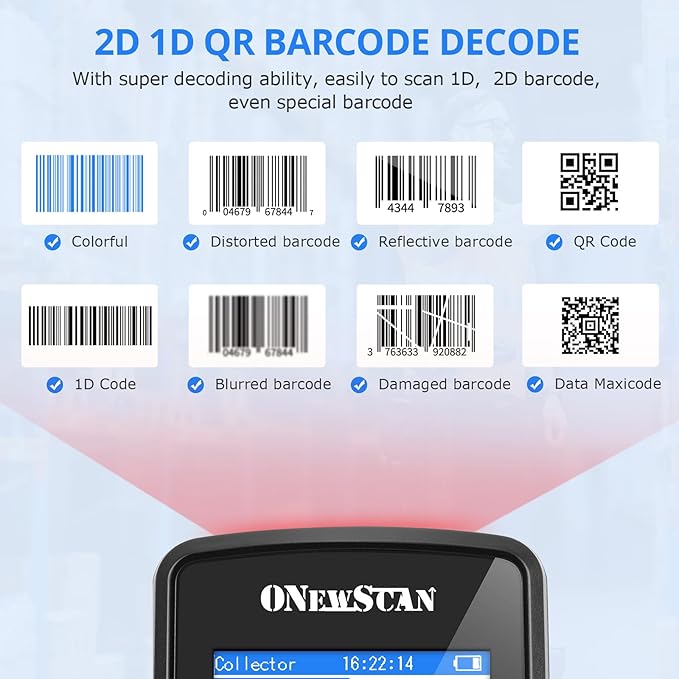 ONEWSCAN Wireless Barcode Scanner, Portable Inventory Scanner 1D&2D&PDF417 Handheld Bar Code Scanners for Collector Data Terminal Inventory Device QR Code Reader with 2.8 Inch LCD Screen