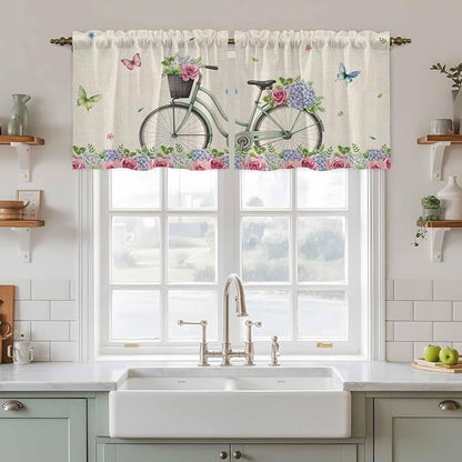 Farmhouse Spring Tier Curtains, Retro Bicycles Flowers Vines Butterfly Light - Image 2