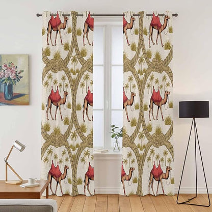 2 Panel Kitchen Cafe Curtains, Camels Palm Trees Sunlight Filtering Nature Air - Image 2