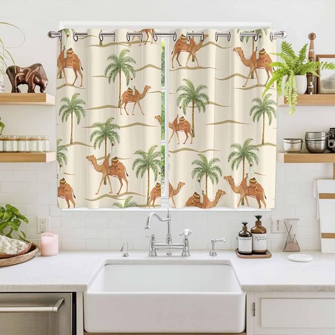 2 Panel Kitchen Cafe Curtains, Date Coconut Tree Sunlight Filtering Nature Air - Image 2