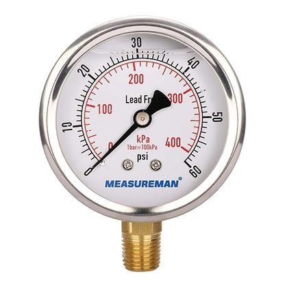 MEASUREMAN Lead-Free Pressure Gauge, 2-1/2inch Dial, Glycerin Filled, by MEASUREMAN