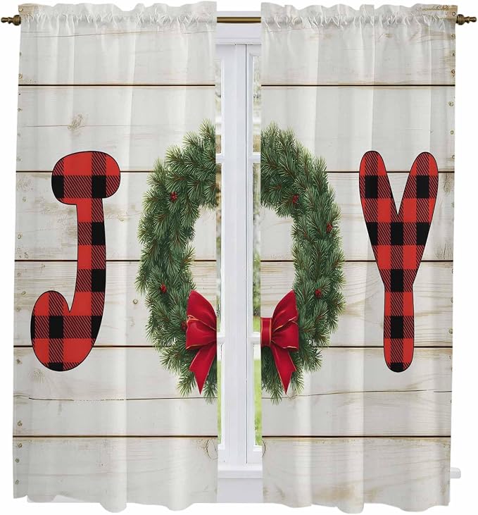 Christmas Wreaths Window Curtains 63 Inch Long 2 Panel Set, Rod Pocket Bedroom - Image 2