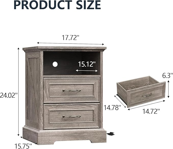 Nightstand with Charging Station,18" Wide End Table with 2 Large Drawers & Metal Handles,Rustic Farmhouse Wood Small Dresser,Bedside Table,Modern Chest of Drawers for Bedroom,Living Room,Dark Grey