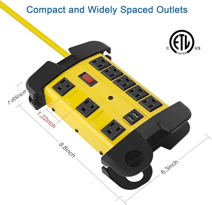 Heavy Duty Power Strip with USB, Workshop 8 Outlet Surge Protector 2700 Joules, Industrial Metal 15Amp Power Strip, 25 FT Extension Cord and Wide Spaced. Yellow