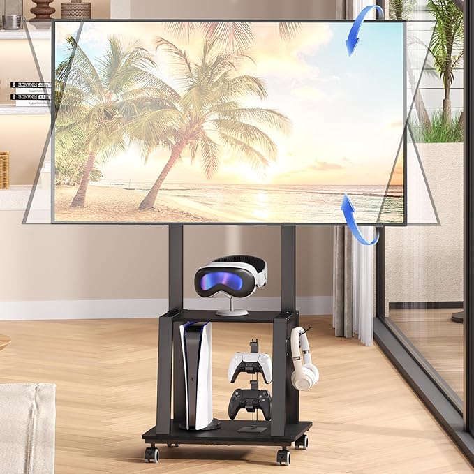 Rolling TV Stand on Wheels for 23-60Inch Flat/Curved Screen TVs,Tilt Mobile TV Cart with 2 Shelves,Portable TV Stand with Adjustable Height Holds up to 50lbs for Indoor Outdoor Max VESA 400x400mm