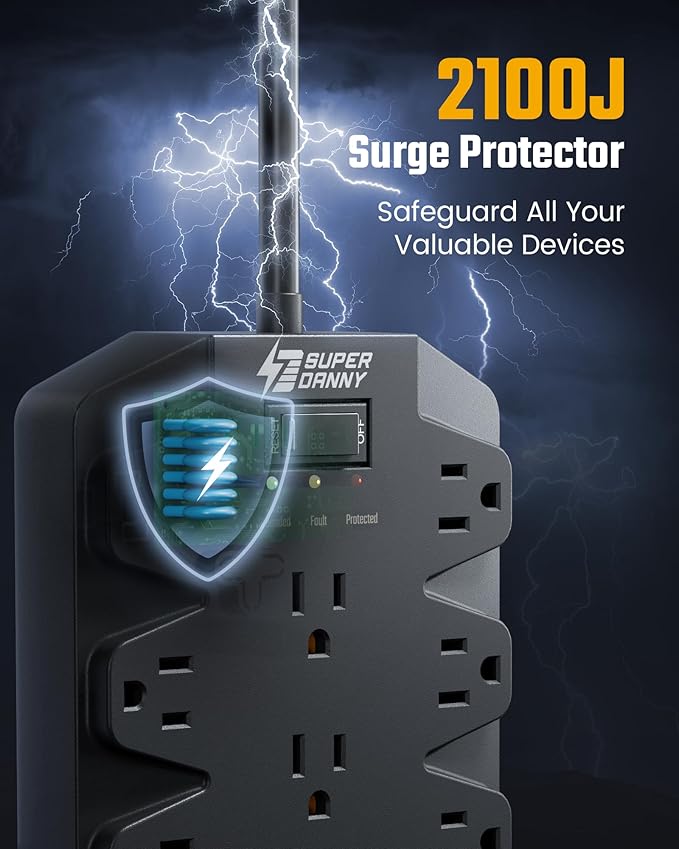 Surge Protector Power Strip, SUPERDANNY 18 AC Outlets with 4 USB Ports, 1875W/15A, 2100J, 6.5FT Flat Plug Heavy Duty Extension Cord with Wall Mount Holes for Home, Office, Gaming Room,Dorm, Black