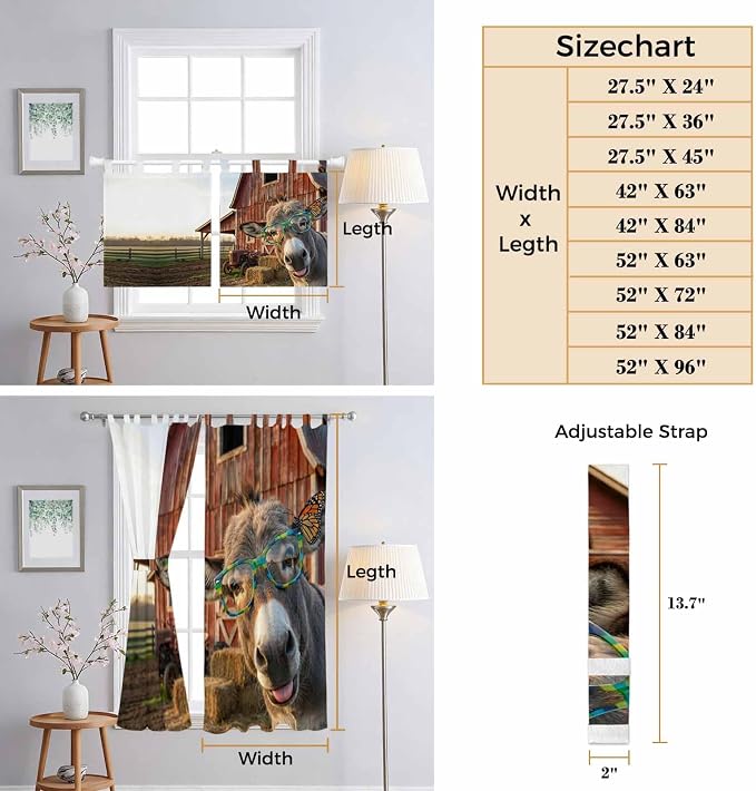 Farm Donkeys Bedroom Curtains 63 Inch Length, Window Curtains Tab Top, - Image 8
