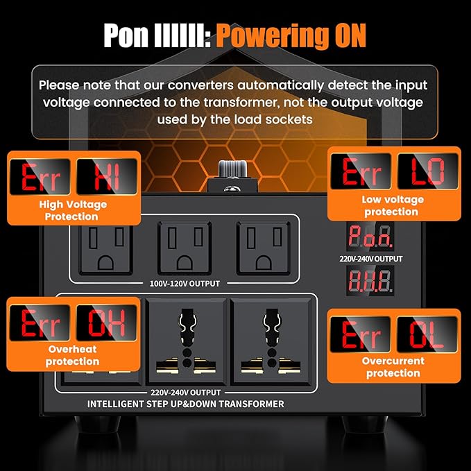 3000W Voltage Converter Transformer Step Up 110V/120V to220V/240V or Step Down 220V to 110V AC Power Converte, Circuit Breaker Protection, 3 US sockets, 3 Universal sockets, LCD Display