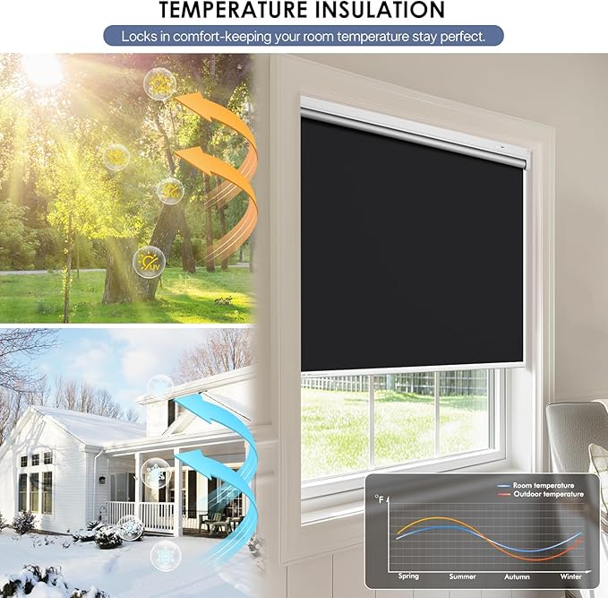 Motorized Roller Blinds with Remote Control & Solar Panel - 100% Blackout Smart Blinds, Automatic, Cordless, Electric Shades - Compatible with Alexa - Black