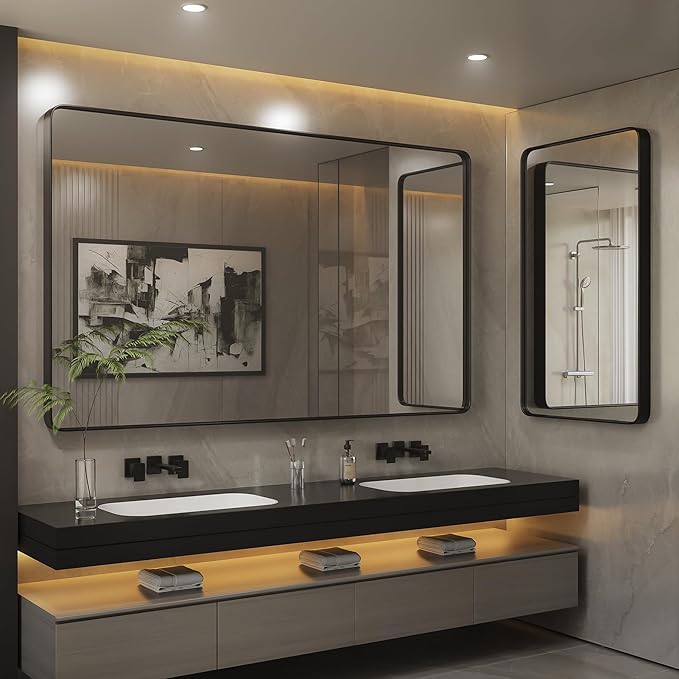 ISKM Silver Framed Mirror for Wal Bathroom Mirror for Wall 40" x 36" Matte Framed Vanity Mirror, Shatter-Proof, Tempered Glass, Rounded Rectangle Mirror(Horizontal/Vertical)