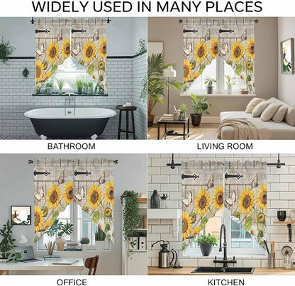 Farm Flowers Swag Valances for Windows, Retro Sunflowers Barn Doors Butterfly - Image 9
