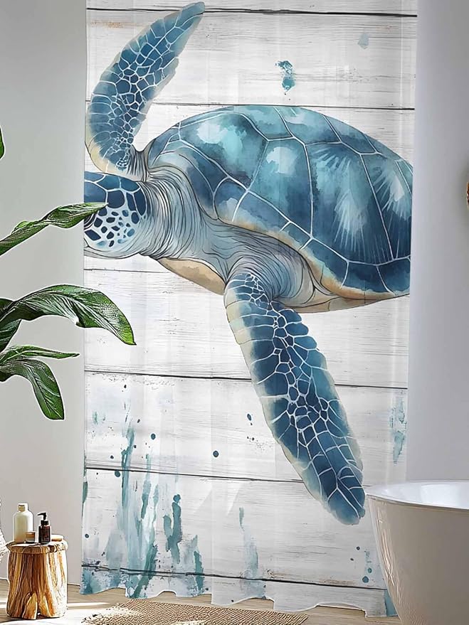 Sheer Curtains 84 Inches Long, Teal Green Ocean Turtle Semi Sheer Curtains - Image 4