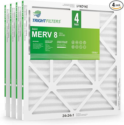 24x24x1 Air Filter 4 Pack, MERV 8 Pleated Dust Defense Air Filters Replacement by TrightFilters