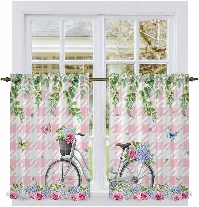 Spring Tier Curtains, Bicycles Leaves Butterfly Flowers Pink Buffalo Plaid by Unknown