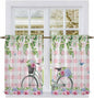 Spring Tier Curtains, Bicycles Leaves Butterfly Flowers Pink Buffalo Plaid by Unknown