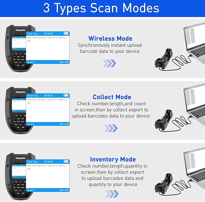 1D 2D Wireless Barcode Scanner, Onewscan Portable Inventory Scanner with Charging Base Data Collector Barcode Reader Data Terminal 2.4G Wireless & USB Connection Bar Code Scanners with 2" LCD Screen