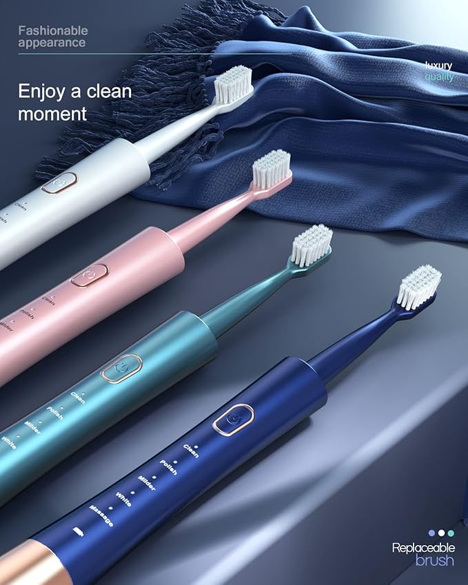 AJELU USB Rechargeable Sonic Electric Toothbrush for Adults, Powered Motor High Vibration Teeth & Gum Care, Soft Dupont Brush Heads, 2 Minutes Timer 5 Modes, Green