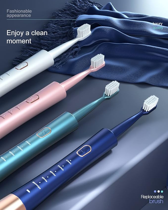 AJELU IPX7 Waterproof Sonicare Electric Toothbrush, 2-Hour Fast Charge with Intelligent Time Reminder, 5 Modes, 8 Brush Heads, Travel, Indoor, Outdoor, Blue
