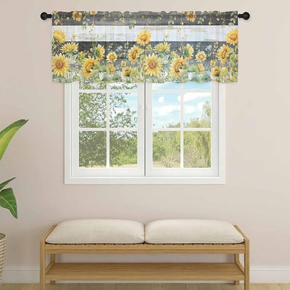 Summer Floral Sheer Valance Curtains, Watercolor Sunflower Eucalyptus Leaves - Image 4