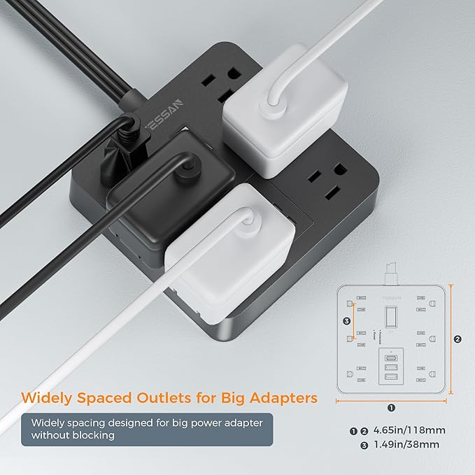 TESSAN Black Surge Protector Power Strip 10 ft Cord, Flat Plug Extension Cord with 6 Outlets 3 USB Ports (1 USB C), 1700J Protection, Heavy Duty Power Strip for Indoor Home Office School Dorm Room
